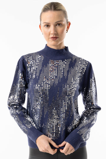 Navy High Neck Jumper with Silver Sequin Detail ANGELEYE